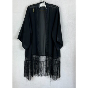 H&M Women's Size M Kimono Black Fringed 3/4 Sleeve Beach Jacket Boho